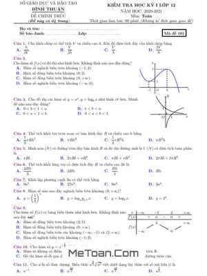 Đề kiểm tra học kỳ 1 Toán 12 năm học 2020 – 2021 sở GD&ĐT Bình Thuận