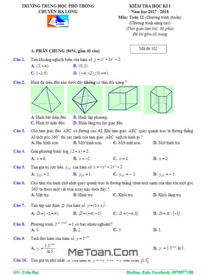 Đề thi HK1 Toán 12 năm 2017 - 2018 trường THPT Chuyên Hạ Long - Quảng Ninh