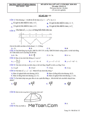 Đề thi giữa HK1 Toán 12 năm 2020 - 2021 trường THPT Lê Hồng Phong - Quảng Nam