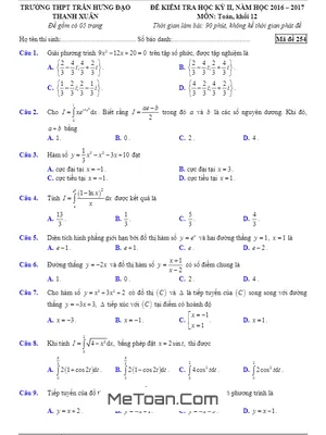 Đề thi HK2 Toán 12 năm 2016 - 2017 trường THPT Trần Hưng Đạo - Hà Nội