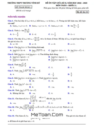 Đề Ôn Tập Giữa Kì 2 Toán 11 Năm 2022 - 2023 Trường THPT Trương Vĩnh Ký - Bến Tre