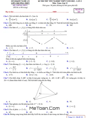 Đề thi thử tốt nghiệp THPT 2023 môn Toán lần 2 liên trường THPT - Nghệ An
