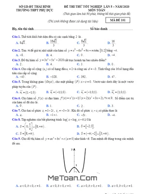 Đề thi thử THPT Quốc Gia 2020 môn Toán lần 5 trường THPT Phụ Dực – Thái Bình