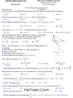 Đề thi thử Toán THPTQG 2019 lần 1 trường THPT Hà Huy Tập - Hà Tĩnh