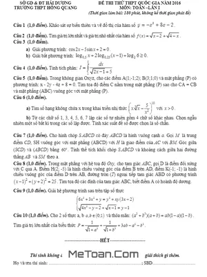 Bộ Đề thi thử THPT Quốc gia 2016 môn Toán trường THPT Hồng Quang – Hải Dương