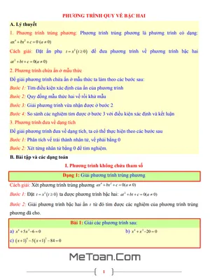 Tài Liệu Ôn Tập Phương Trình Quy Về Phương Trình Bậc Hai - Toán Lớp 9