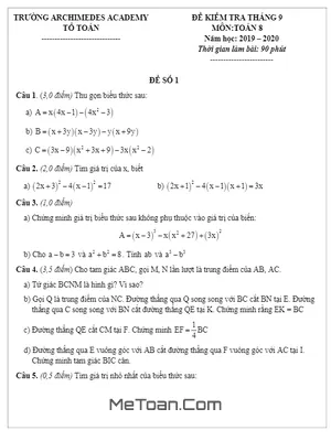 Đề kiểm tra Toán 8 tháng 9 năm 2019 - 2020 trường Archimedes Academy - Hà Nội