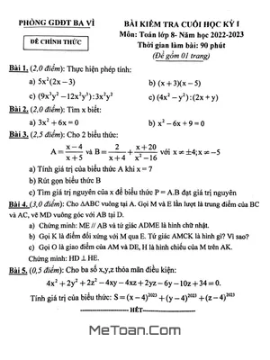 Đề thi học kì 1 Toán 8 năm 2022 - 2023 phòng GD&ĐT Ba Vì - Hà Nội