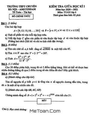 Đề thi giữa HK1 Toán 6 trường chuyên Hà Nội – Amsterdam năm 2020 – 2021