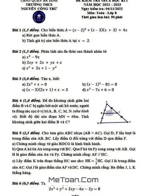 Đề thi giữa kì 1 Toán 8 năm 2022 - 2023 trường THCS Nguyễn Công Trứ - Hà Nội