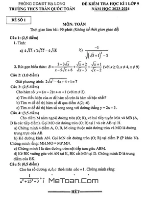 Đề Thi Học Kì 1 Toán 9 Năm 2023 - 2024 Trường THCS Trần Quốc Toản - Quảng Ninh
