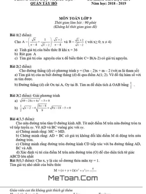 Đề thi học kỳ 1 Toán 9 năm 2018 - 2019 phòng GD&ĐT Tây Hồ - Hà Nội