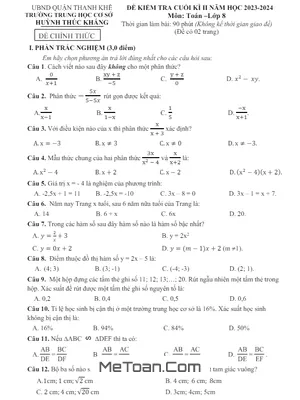 Đề thi học kì 2 Toán 8 năm 2023 - 2024 trường THCS Huỳnh Thúc Kháng - Đà Nẵng