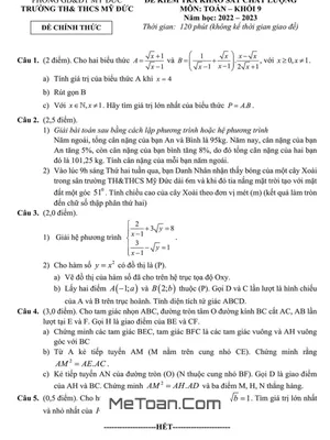 Đề khảo sát Toán 9 năm 2022 – 2023 trường TH & THCS Mỹ Đức – Hà Nội