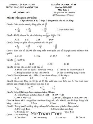 Đề thi học kì 2 Toán lớp 6 năm 2022 - 2023 phòng GD&ĐT Kim Thành - Hải Dương