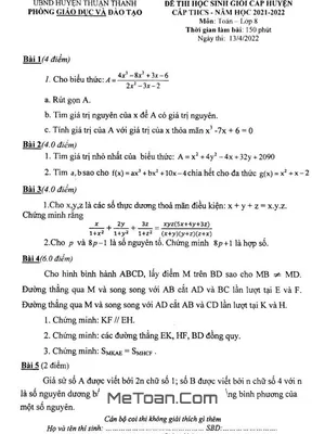 Đề HSG huyện Toán 8 năm 2021 - 2022 phòng GD&ĐT Thuận Thành - Bắc Ninh