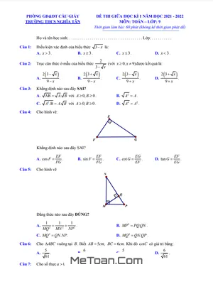 Đề thi giữa kì 1 Toán lớp 9 năm 2021 - 2022 trường THCS Nghĩa Tân - Hà Nội