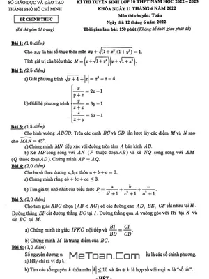 Đề thi Tuyển sinh Lớp 10 Chuyên Toán TP.HCM Năm 2022 - 2023