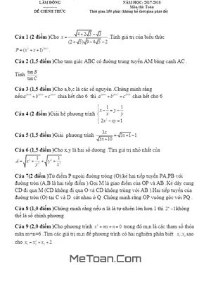 Đề thi tuyển sinh lớp 10 THPT chuyên Toán - Sở GD&ĐT Lâm Đồng năm 2017 - 2018