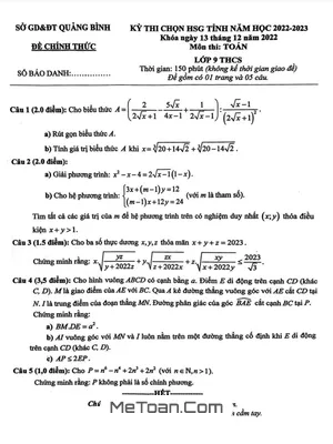 Đề thi chọn HSG tỉnh Toán 9 năm 2022 - 2023 sở GD&ĐT Quảng Bình