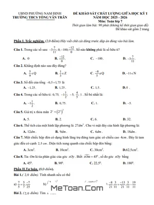 Đề thi giữa học kỳ 1 Toán 7 năm 2025 - 2026 trường THCS Tống Văn Trân - Ninh Bình có đáp án