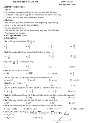 Đề cương cuối học kì 1 Toán 7 năm 2025 – 2026 trường THCS Thanh Am – Hà Nội