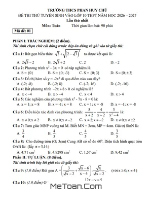 Đề thi thử Toán vào lớp 10 lần 1 năm 2026 – 2027 trường THCS Phan Huy Chú – Hà Tĩnh