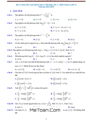 Đề Cương Ôn Tập Học Kỳ 2 Toán 12 Năm 2021 - 2022 Trường Lương Ngọc Quyến - Thái Nguyên