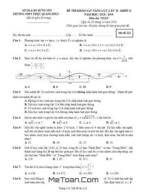 Đề khảo sát năng lực Toán 11 năm 2018 – 2019 trường Triệu Quang Phục – Hưng Yên lần 2 mã đề 212