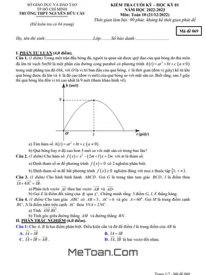 Đề thi học kỳ 1 Toán 10 năm 2022 - 2023 trường THPT Nguyễn Hữu Cầu - TP.HCM (có đáp án)