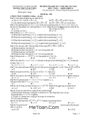 Đề thi học kỳ 1 Toán 10 năm học 2017 - 2018 trường THPT Lê Quý Đôn - Hải Phòng (Có đáp án)