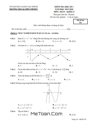 Đề thi học kì 1 Toán 12 năm 2019 - 2020 trường THCS&THPT Trí Đức - TP HCM