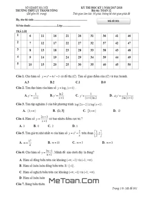 Đề thi HK1 Toán 12 năm học 2017 - 2018 trường THPT Lý Thánh Tông - Hà Nội