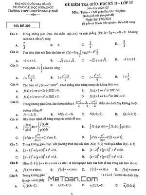 Đề thi giữa kỳ 2 Toán 12 năm 2020 - 2021 trường THPT chuyên Ngoại Ngữ - Hà Nội