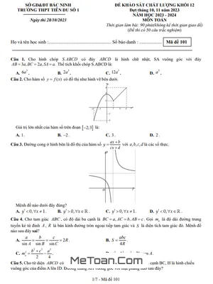 Đề khảo sát Toán 12 năm 2023 - 2024 trường THPT Tiên Du 1 - Bắc Ninh