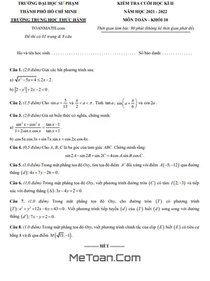 Đề thi học kì 2 môn Toán lớp 10 năm 2021 - 2022 trường THPT Thực hành Sư phạm - TP.HCM