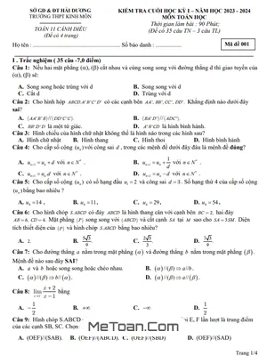 Đề thi học kỳ 1 Toán 11 năm 2023 - 2024 trường THPT Kinh Môn - Hải Dương