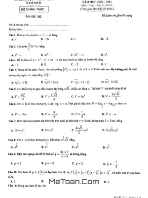 Đề KSCL Toán 12 học kỳ 2 năm 2020 - 2021 sở GD&ĐT Nam Định (có đáp án)