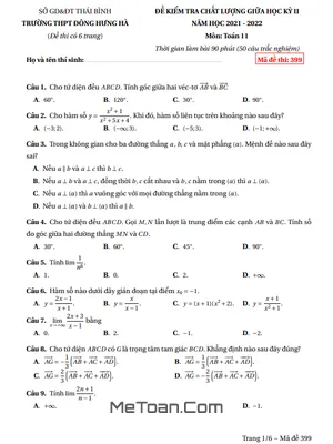 Đề Thi Giữa Kỳ 2 Môn Toán Lớp 11 Năm 2021-2022 Trường THPT Đông Hưng Hà - Thái Bình