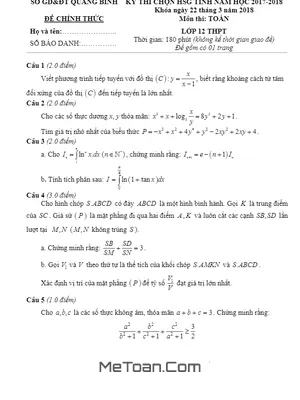 Đề thi chọn HSG tỉnh Toán 12 năm 2017 - 2018 sở GD&ĐT Quảng Bình