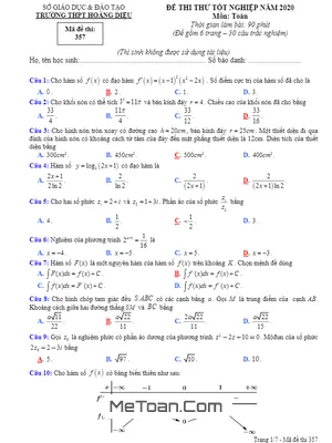 Đề thi thử tốt nghiệp THPT 2020 môn Toán trường THPT Hoàng Diệu - Đồng Nai