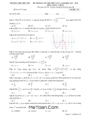 Đề KSCL Toán THPTQG 2018 trường THPT Bến Tre - Vĩnh Phúc lần 3 mã đề 132