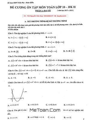 Đề Cương Ôn Tập Toán 10 HK2 Năm Học 2017 - 2018 Trường THPT Trần Phú - Hà Nội