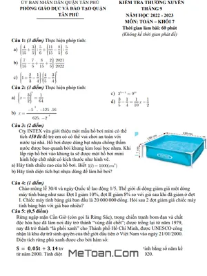 Đề kiểm tra thường xuyên Toán 7 tháng 9 năm 2022 phòng GD&ĐT Tân Phú – TP HCM