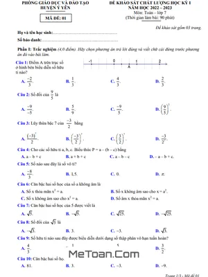 Đề thi học kỳ 1 Toán 7 năm 2022 - 2023 phòng GD&ĐT Ý Yên - Nam Định
