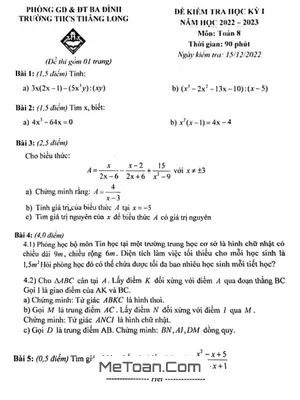 Đề thi học kỳ 1 Toán 8 năm 2022 - 2023 trường THCS Thăng Long - Hà Nội
