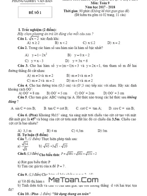 Đề thi học kỳ 1 Toán lớp 9 năm học 2017 - 2018 phòng GD&ĐT Văn Bàn - Lào Cai (có lời giải)