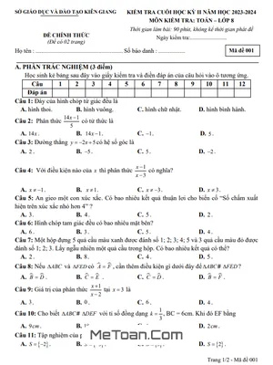 Đề thi Toán 8 cuối kỳ 2 năm 2023 - 2024 sở GD&ĐT Kiên Giang