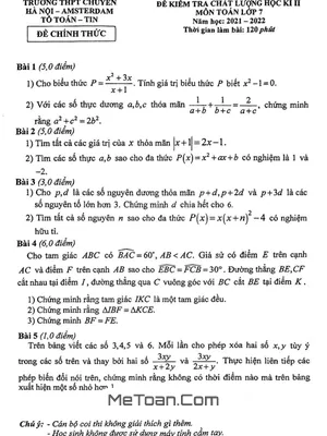 Đề thi học kì 2 Toán 7 năm 2021 - 2022 trường chuyên Hà Nội - Amsterdam