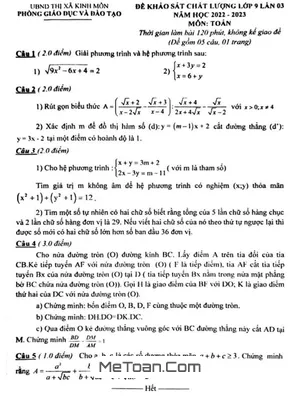 Đề khảo sát Toán 9 lần 3 năm 2022 - 2023 phòng GD&ĐT Kinh Môn - Hải Dương